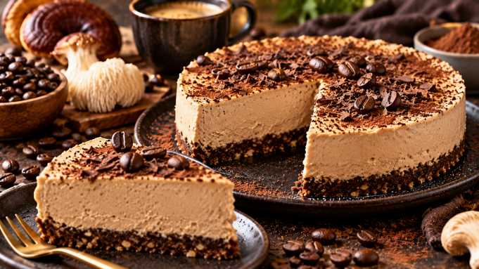 Nepečený cheesecake s houbovou kávou Tajemství výrazné chuti je v jediné přísadě