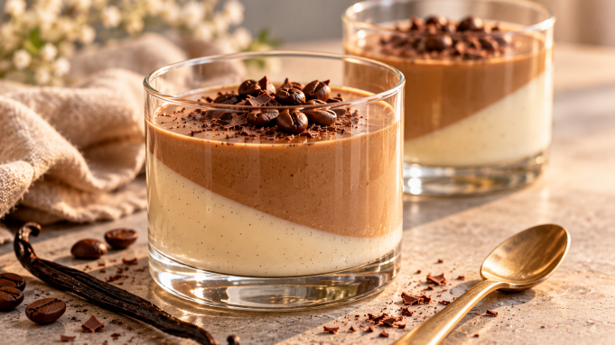 Panna cotta s houbovou kávou a vanilkou italský dezert do skleničky