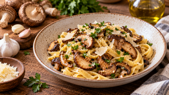 Shiitake těstoviny s česnekem_rychlý recept z pár surovin
