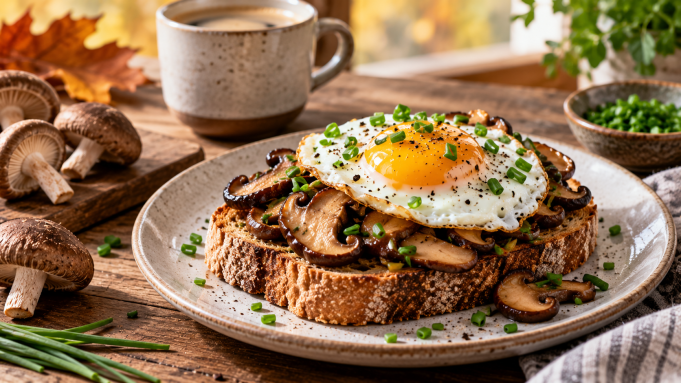 Shiitake toast s vejcem a pažitkou